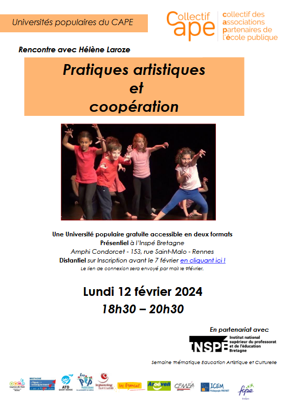 Université populaire du CAPE Bretagne prévue le 12 février 2024 sur le thème "Pratiques artistiques et coopération"