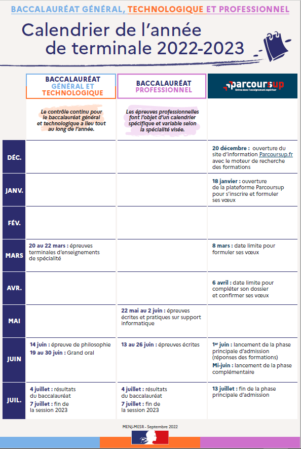 Calendrier de l'année de terminale 2022-2023