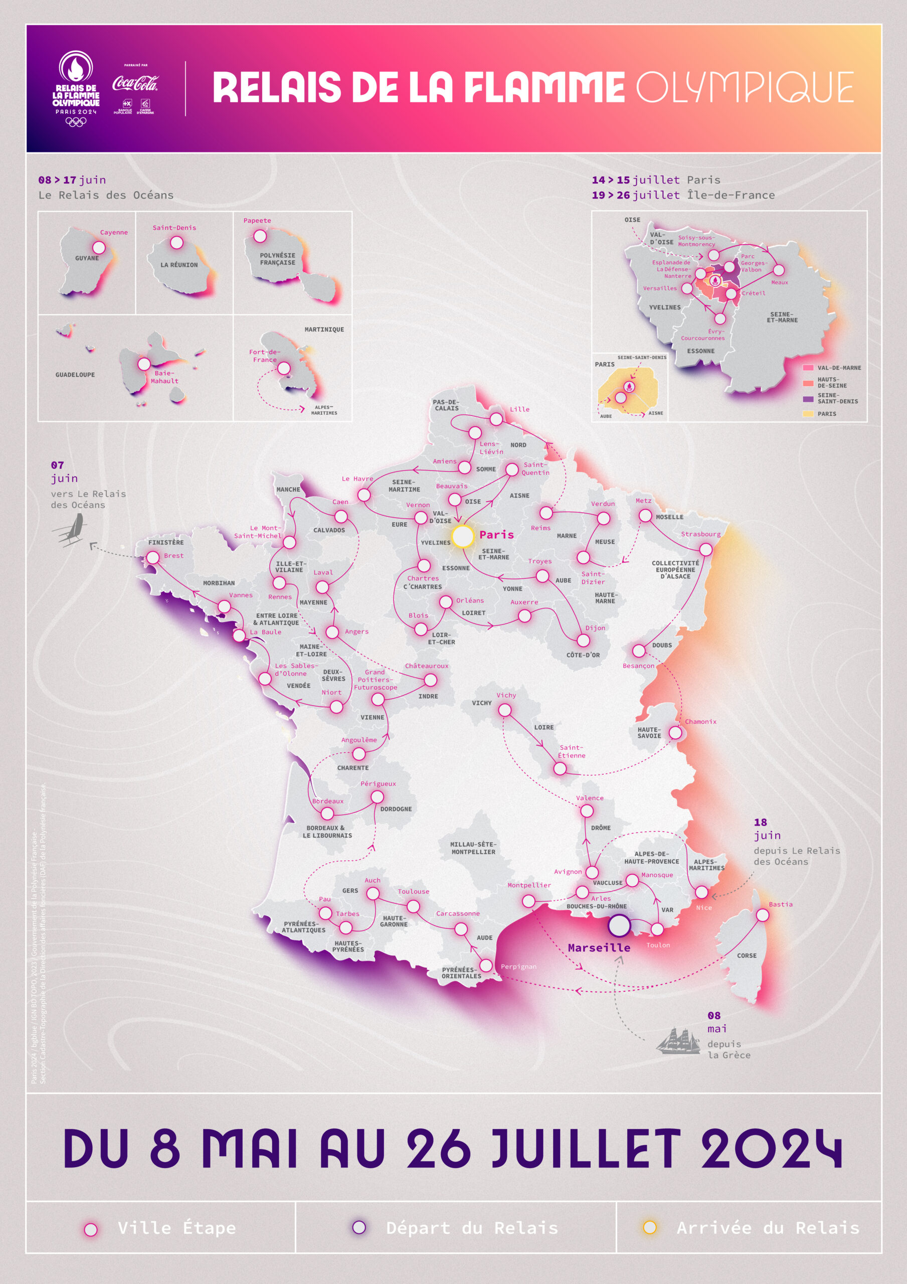 Carte du relais de la flamme olympique JOP 2024