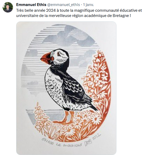 Emmanuel Ethis : Très belle année 2024 à toute la magnifique communauté éducative et universitaire de la merveilleuse région académique de Bretagne !