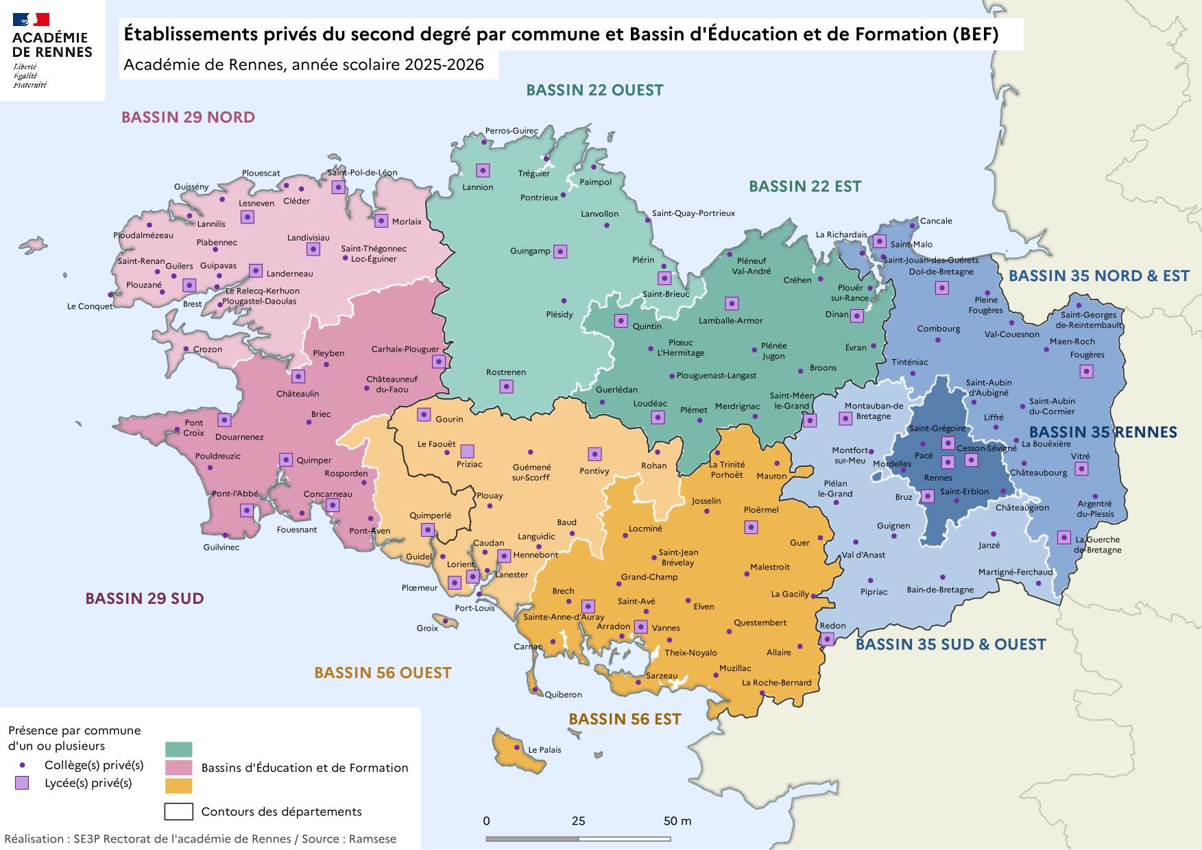 établissements privés du second degré par commune et bassin d'éducation et de formation