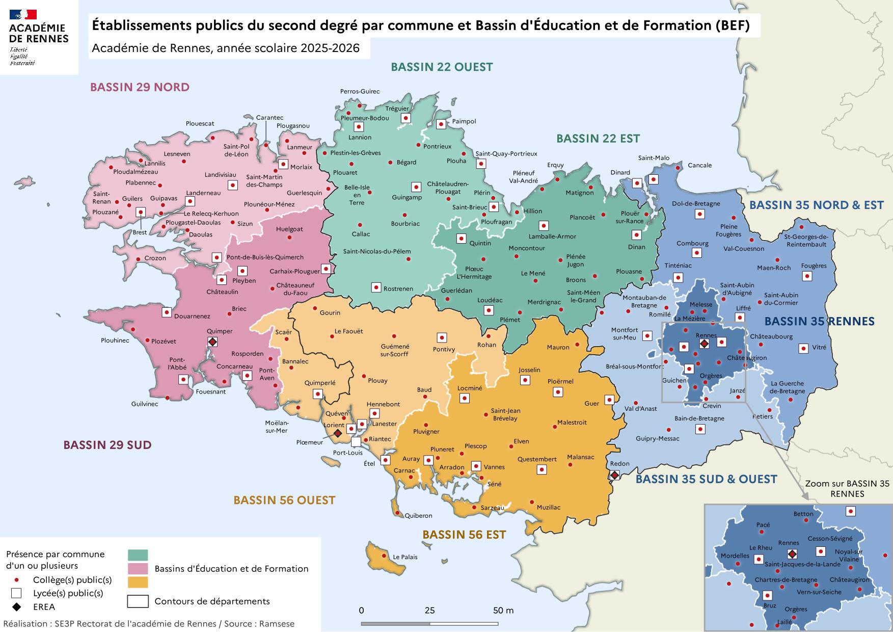 etablissements publics du second degré par commune et bassin d'éducation et de formation