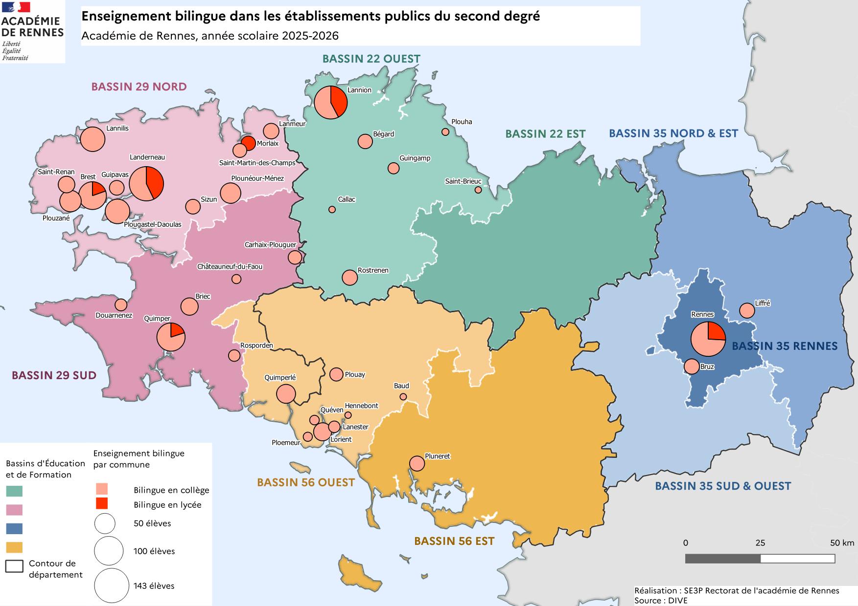 Carte enseignement bilingue etablissements publics du second degré