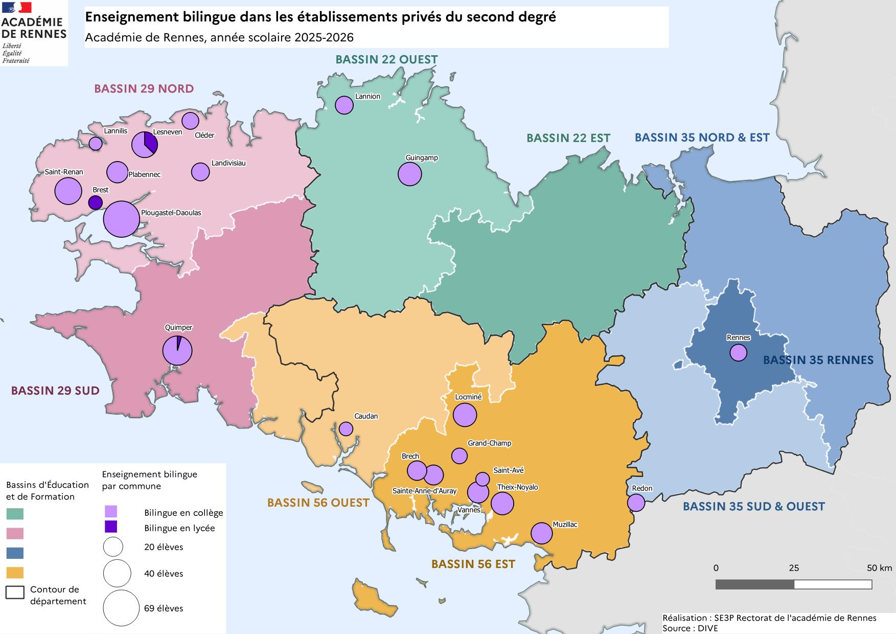 Carte enseignement bilingue etablissements privés du second degré