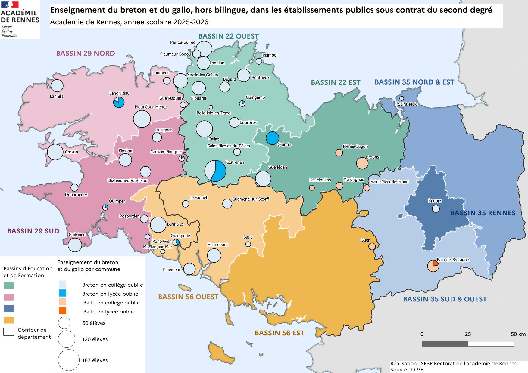 Carte enseignement breton et gallo, hors bilingue, etablissements publics du second degré