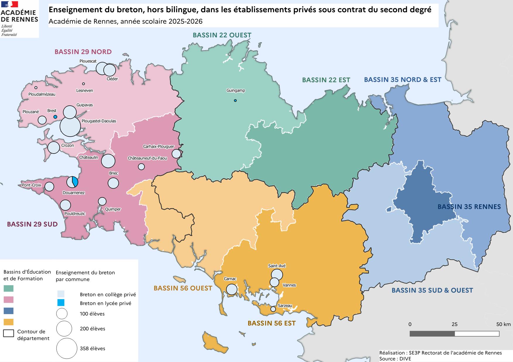 Carte enseignement breton, hors bilingue, etablissements privés du second degré